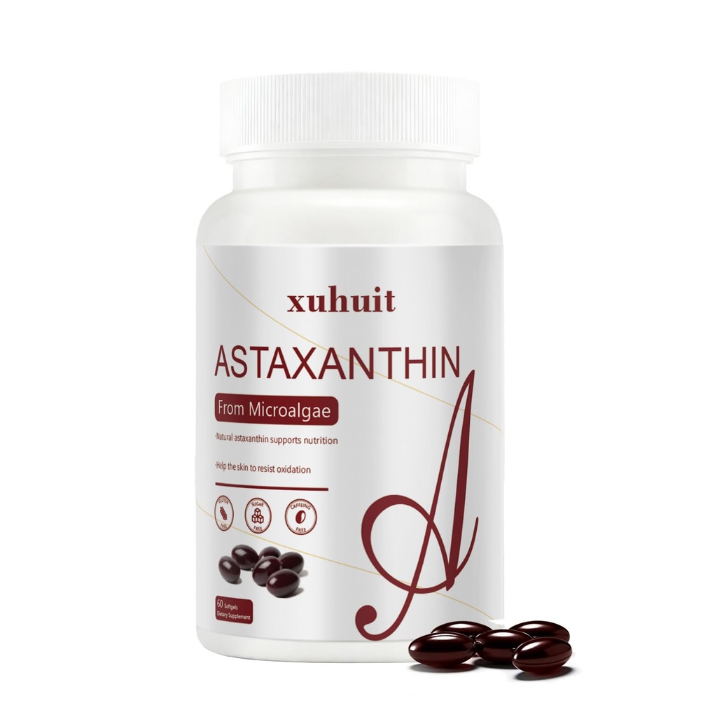 Astaxantină 12mg 60 Softgels, Supliment antioxidant natural de la Microalge, Non-GMO, Soy Free, Sprijină Sănătatea pielii, Ușor de înghițit Softgels, 2 lună de aprovizionare (1)