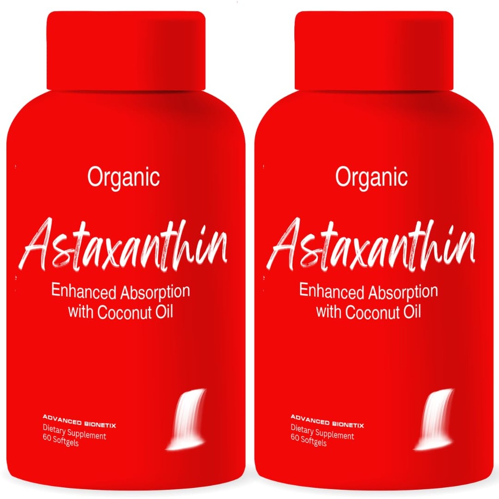 Advanced Bionetix 2 Pack Putere Triplă AstaQuilTM Astaxanthin 12 mg Formula ridicată Biodisponibilitatea, 120 Softgels Ulei organic de cocos pentru absorbție îmbunătățită. Puternic antioxidant ochi Joint Heart Health