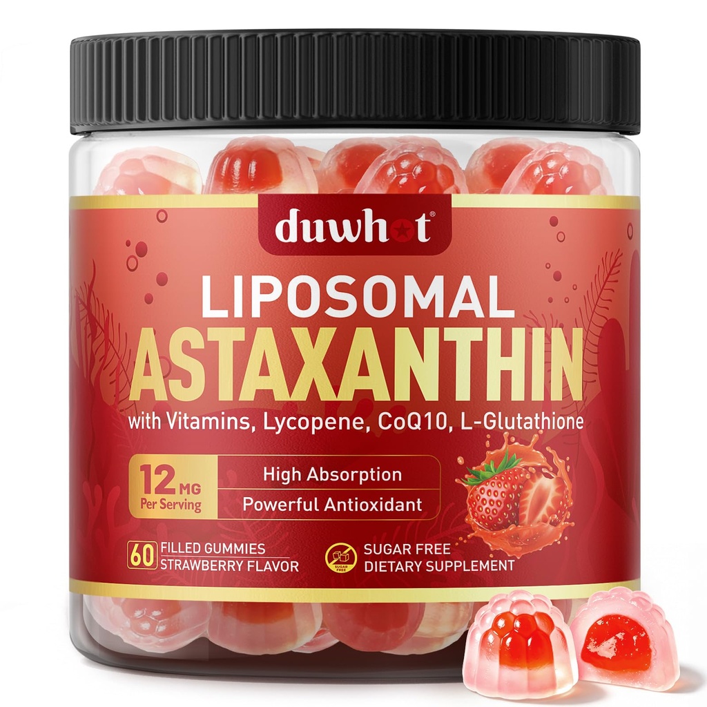 Liposomal Astaxanthin Gumies, Organic Astaxanthin 12 mg Suplimente cu Lycopene, Glutatione pentru Antioxidant puternic, Plus Vitamine & CoQ10 pentru ochi, Piele & Immune Health, Zahăr gratuit, Vegan, 60