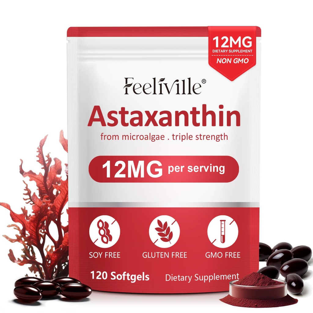 Ataxanthin Suplimente, Astaxanthin Premium 12mg Antioxidant cu activitate antioxidantă, Suporturi ochi, comun, Imun, Skin Health, Circuulație internă, 1Pack(120 Softgels), Non-GMO & No Gluten