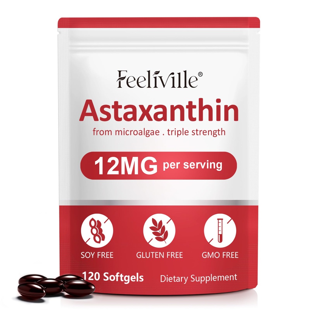 Astaxantina Suplimente, Astaxantina 12mg, 120 Softgels Antioxidant Astaxantina Supliment pentru ochi, piele, comun și sănătatea imună, Sprijină Circulația internă & Heart Health, Non-GMO & No Gluten