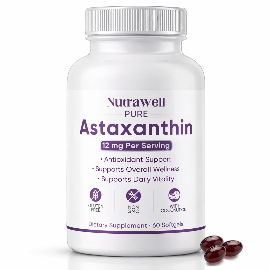 NutraWell Astaxanthin 12mg, cu ulei de cocos, supliment de suport antioxidant, non-GMO, gluten gratuit, 60 Softgels