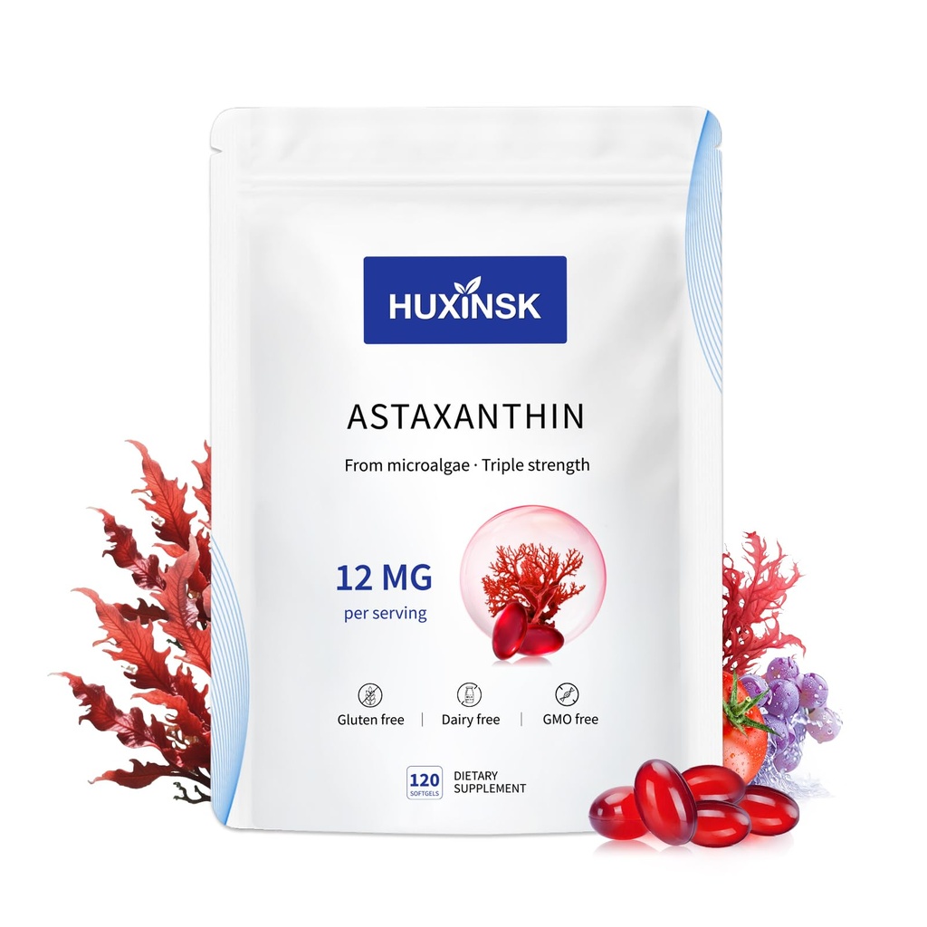 Astaxanthin 12mg Suplimente, 120 Softgel, Max Putere Astaxanthin Antioxidant Suplimente Forma Microalge proaspete, 4 Luna de aprovizionare, Suporturi ochi, Piele, comun, Creier, Inima si Sistemul imunitar Sănătate, 1 sac