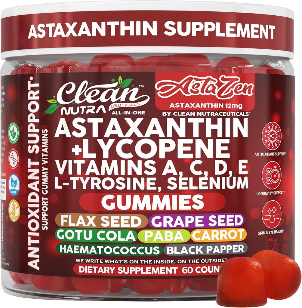 Clean Nutraceuticals AstaZen Astaxanthin Gummies 12mg - cu Licopen, Vitamine A C De E, L-Tyrosine & Seleniu - Suport antioxidant Gumies - 60 Conte