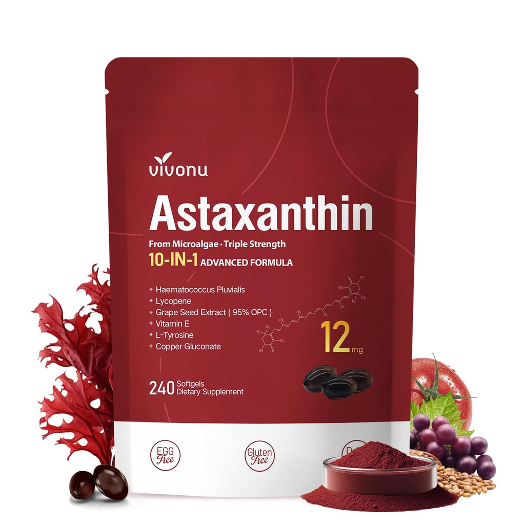 VivoNu Astaxanthin 12mg Suplimente, 240 Softgels, Haematococcus proaspat Pluvialis 10 in 1 Astaxanthin Antioxidante Suplimente, Suporturi Ochi, Piele, Junic, Creier, Inima si Sistemul Imun sanatate