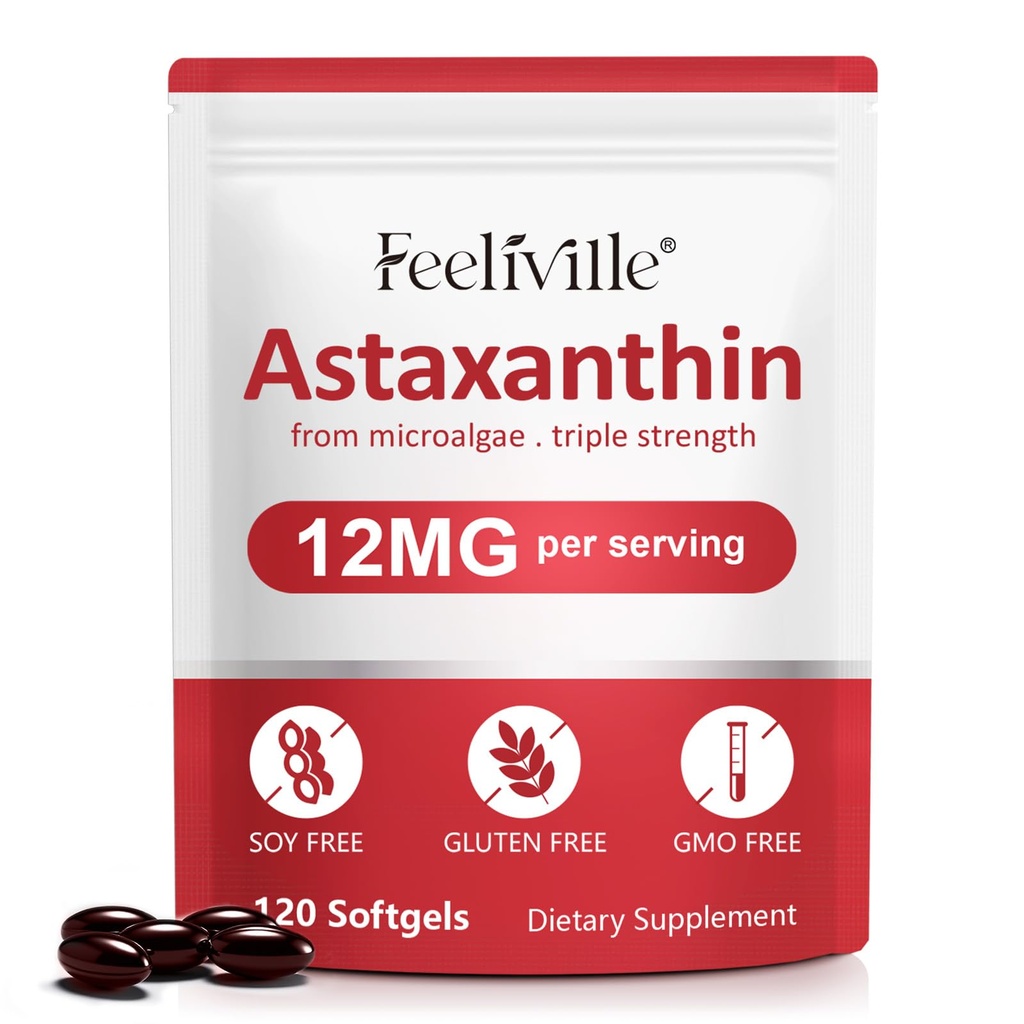 Astaxanthin 12mg (120 Softgels) - Premium Astaxanthin Antioxidant Suplimente - Suporturi ochi, Circulație internă, Imun & Skin Health - Proaspăt Microalgae Sursa - Non-GMO & No Gluten