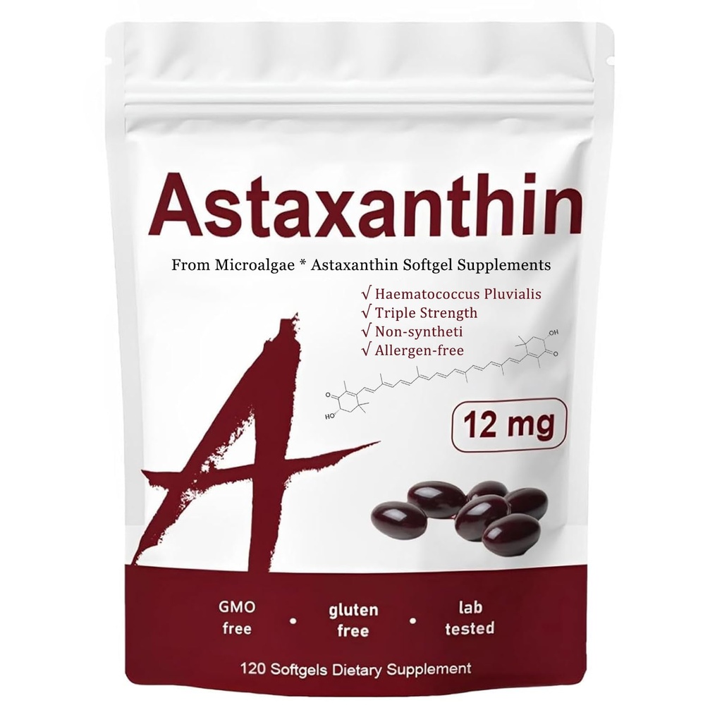 Astaxantină 12mg, Triple Putere Vitamine ale pielii pentru femei cu activitate antioxidantă,Suporturi Imune, Piele, Eye & Joint Health, Promote Circulație internă, Aroma de ciocolată,120 Serviri