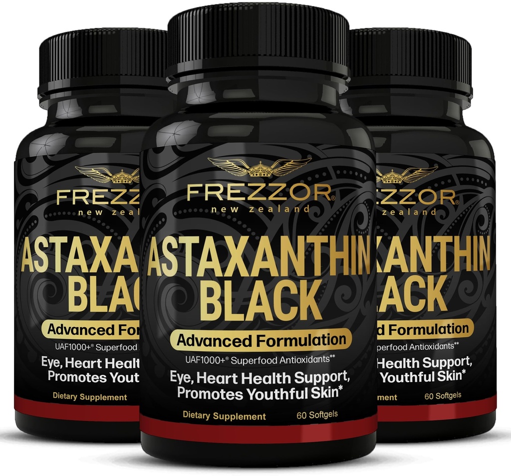 FREZZOR Astaxanthin Negru cu UAF1000+ Super Antioxidant, Suporturi Inima, Eye & Brain Health, Anti-Aging Skincare & Cellular Protection, 12mg Astaxanthin per Serve, 180 Softgels, 3 Luna de aprovizionare