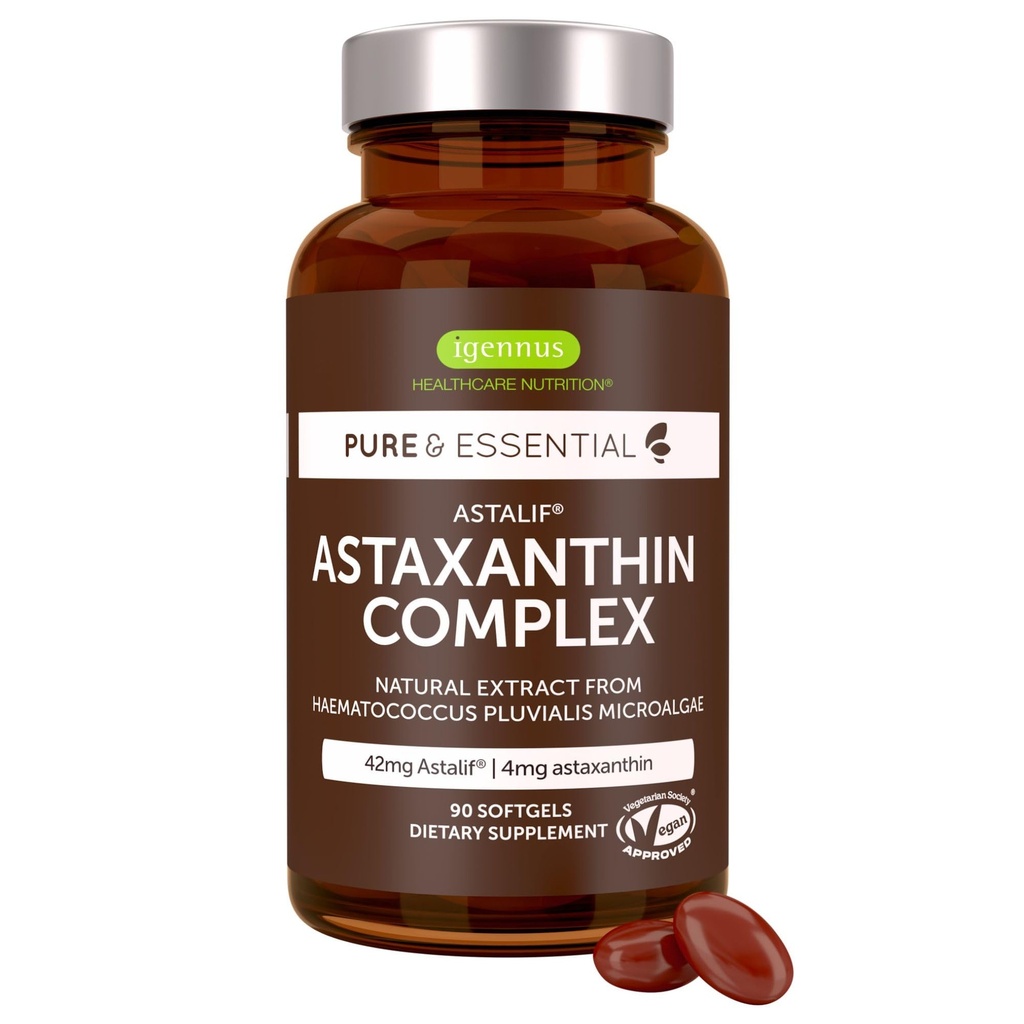Igennus Vegan Astaxanthin 4mg Complex cu luteina si zeaxantina, 90 Small Softgels, de la 42 mg Astapure, Natural Algae Antioxidant pentru ochi, Skin & Joints, Non-GMO, H. Pluvialis