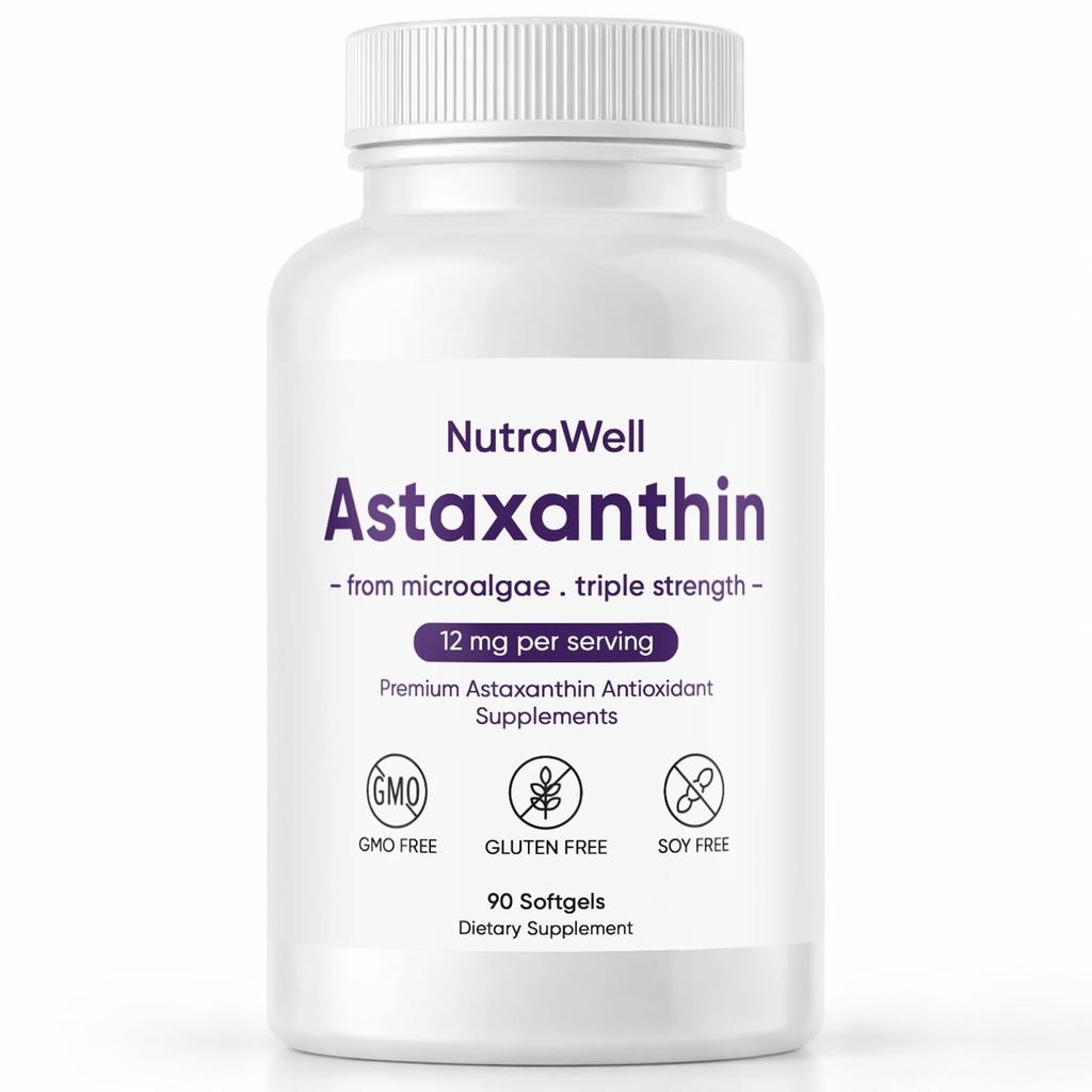Nutrawell Astaxanthin - supliment zilnic antioxidant de wellness cu naturale de origine Astexantină Formula curată pentru activ adult stil de viață ușor să ia capsule - 90 Softgels (1)