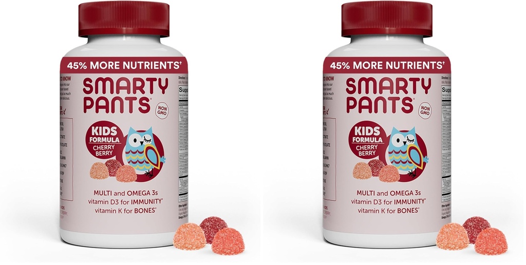 InteligentPantaloni Copii Multivitamine Gummies: Omega 3 Ulei de pește (EPA/DHA), Vitamina D3, C, Vitamina B12, B6, A, K & Zinc pentru suport imun, Biotin, Struguri, Cherry & Berry Flavors, 120 Conte (30 Day Supply)