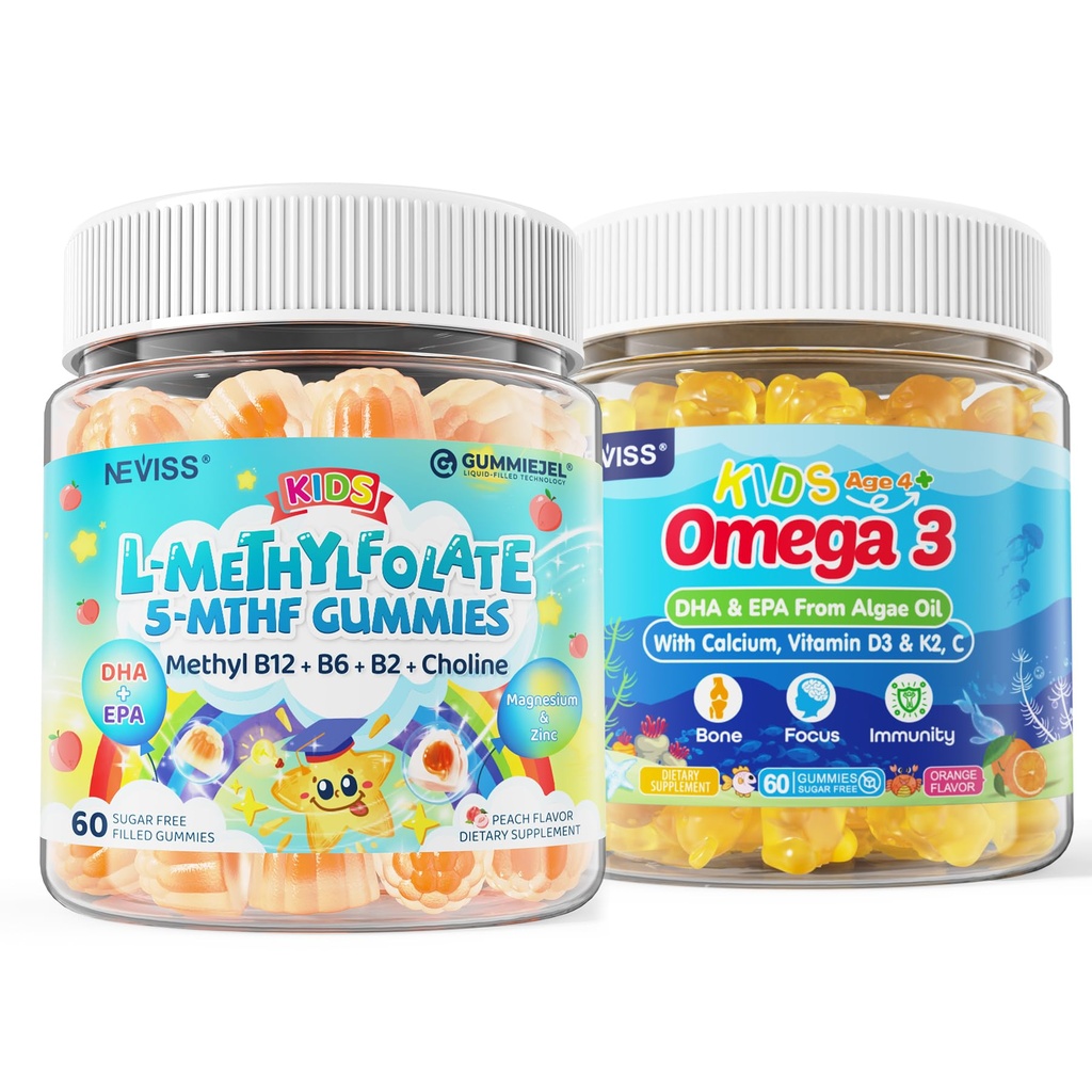 Copii L-Metilfolat Gummies, Active 5-MTHF + metil B12, Vitamina B6, B2, Choline, Vegan Omega 3 DHA & EPA + Copii Omega 3 Gumees + calciu 400mg + vitamina D3 K2 + C, Omega-3 DHA & EPA Supliment
