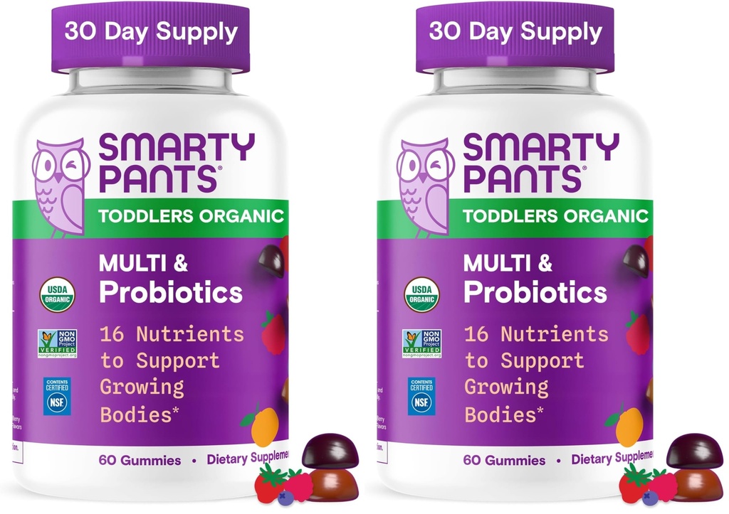 SmartyPants Organic Toddler Multivitamine Gumries: Probiotice,Omega 3 (ALA),Vitamina D3,C,Vitamina B12,B6,A,K&Zinc,Beta Caroten,Gluten Free,Three Fruit Flavors, (30 Day Supply),60 Count (Pachet de 2)