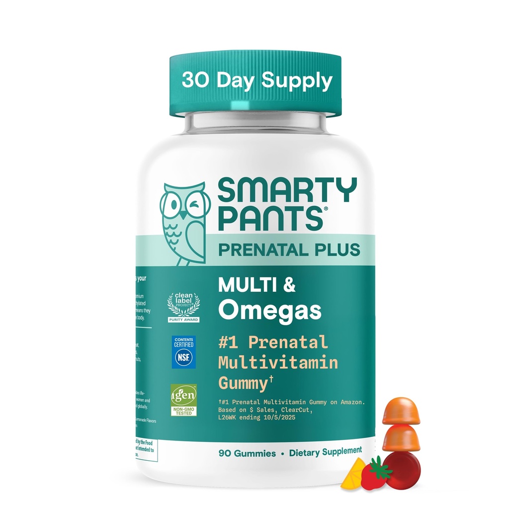 SmartyPants Multivitamine Gumiile prenatale cu Omega 3 DHA/EPA, Methylfolat, Biotin, Vitamine D3, C, B12, B6, A, K și Zinc, Gluten gratuit, Eticheta curată, Două arome de fructe, 90 Gumies (30 Day Supply)