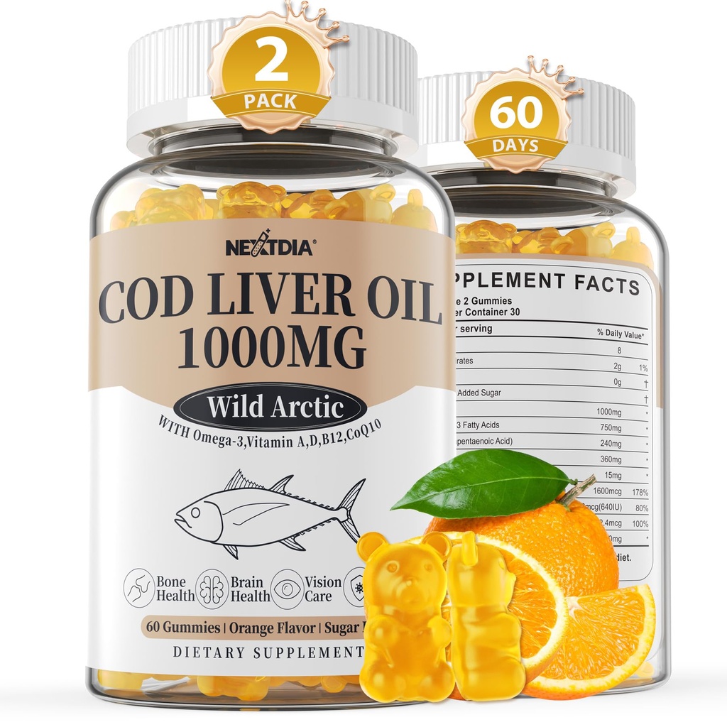 Ulei de ficat de cod 1000 mg Gume pentru adulți și copii, cu vitamina A & D3 - Omega 3 Suplimentul de ulei de pește - DHA 360mg & EPA 240mg pentru creier, oase, ochi și sănătate imună, zahăr gratuit, 120 Conte