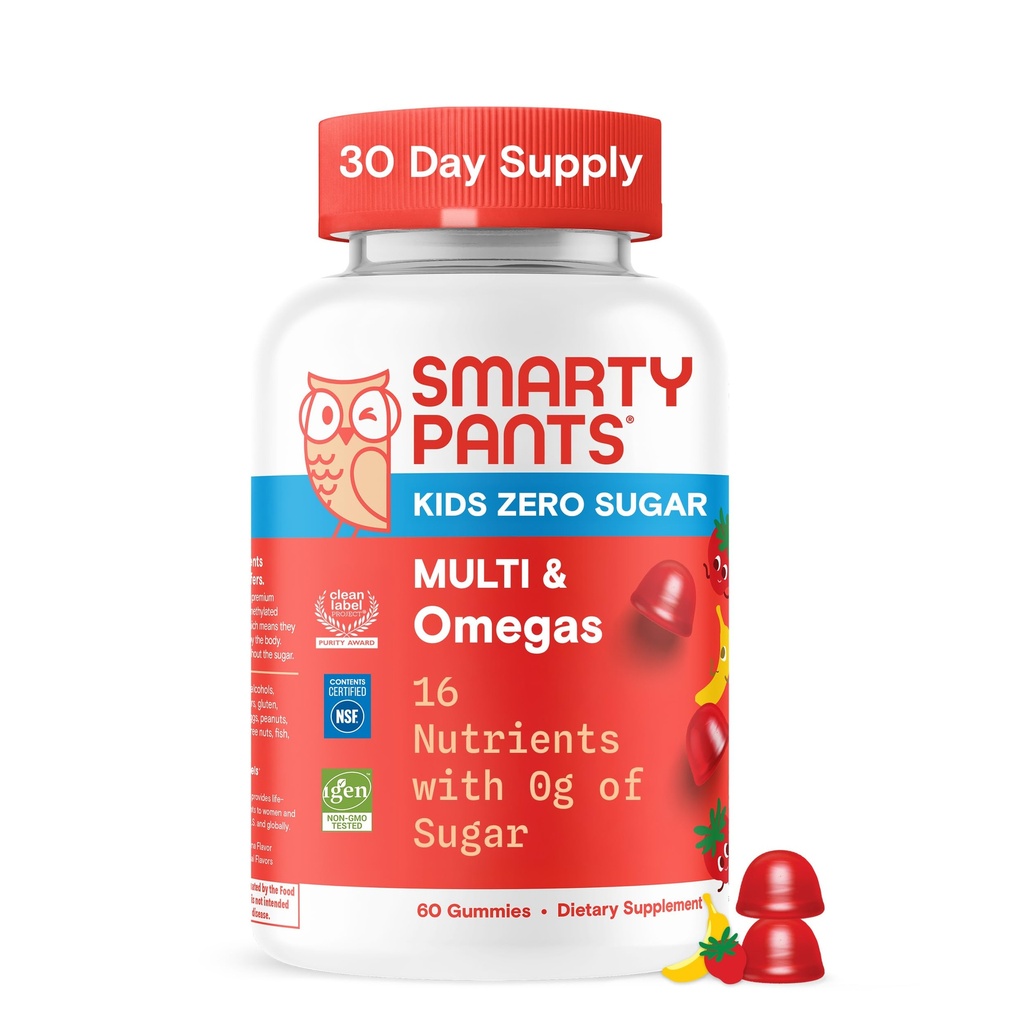 SmartyPants Copii Zero Gume multivitamine de zahăr: Omega-3, Vitamine D, C, A, Bazat pe plante, Gluten gratuit, Aroma de banane de căpșuni, 60 Conte (30 zile de aprovizionare)