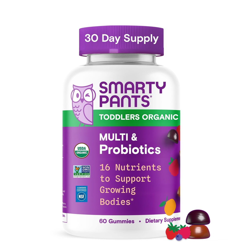 SmartyPants Organic Toddler Multivitamine Gumries: Probiotice, Omega 3 (ALA), Vitamina D3, C, Vitamina B12, B6, A, K & Zinc, Beta Caroten, Gluten gratuit, Trei arome de fructe, 60 Conte (30 zile de aprovizionare)