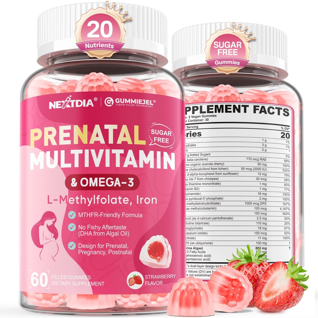 Vitamine prenatale pentru femei Gummies, metilfolat 1mg, Vegan Omega 3 DHA 800mg, Fier, Choline, Iod, vitamina D3 B6 B12 - Multivitamine pentru femei înainte, În timpul și după sarcină, Zahăr gratuit, 60 Conte