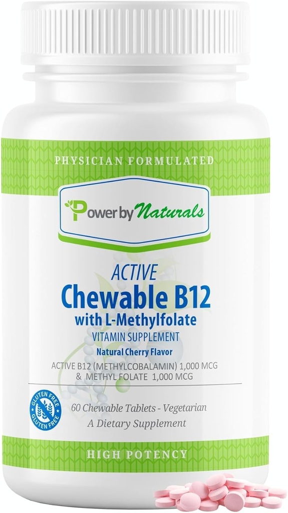 Putere de Naturals Active Masticabile Metilate B12 cu L-metil Folate Supliment pentru femei şi bărbaţi, Cherry Flavor, 60 comprimate