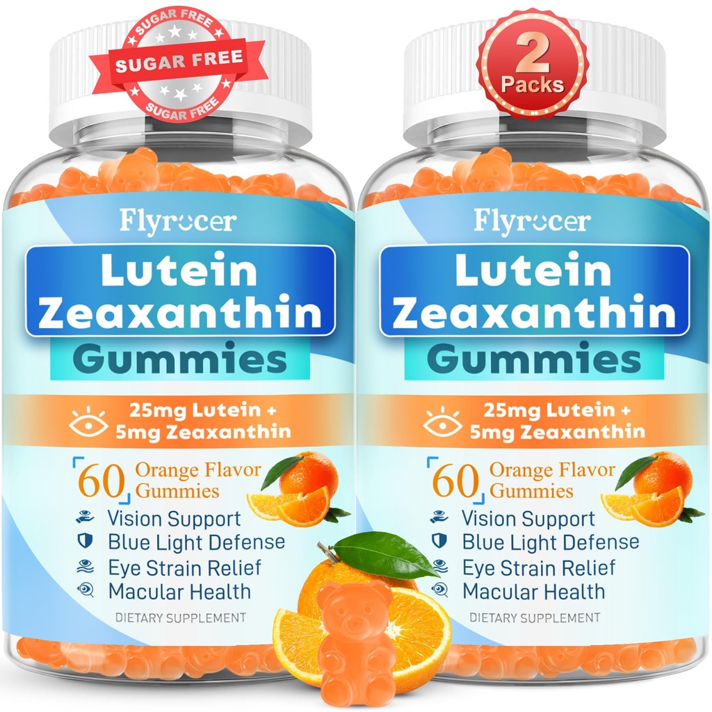 Zahăr Lutein Gummies 25mg, Lutein și Zeaxanthin Suplimente pentru sănătatea ochilor, 13-in-1 Formula de îngrijire ochi cu Omega-3 Bilberry Saffron-Vision Health, Eye Strain, Dry Eyes, Vegan Orange Flavor 120 Cts