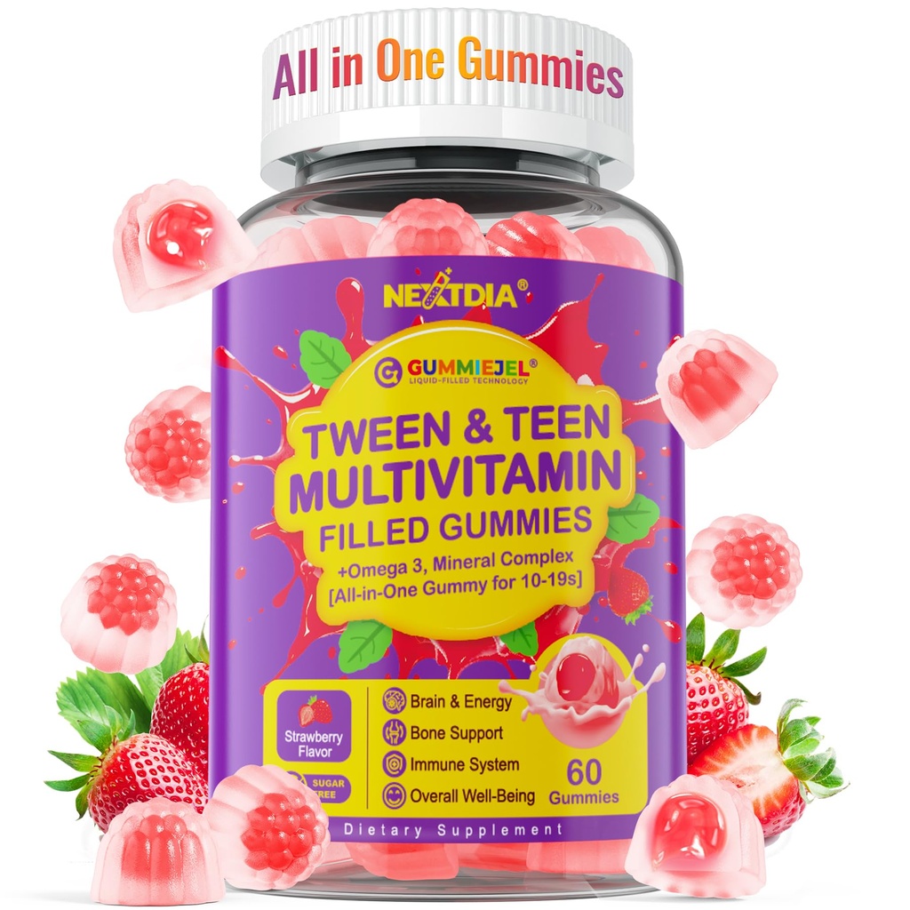 Nextdia Multivitamine Umplet Gummes pentru Teen Boys Fete 12-17, 18, 19, Copii 10+ Multivitamine cu Omega 3, Calciu + Magneziu + Zinc, Multi-Minerale pentru Adolescent 10-19S Creier, Os, Energie, Imun