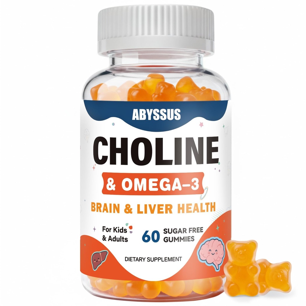 ABYSSUS Gume de ciocolată pentru copii și adulți, Sugar gratuit Choline Bitartrat Suplimente cu Algal Omega-3 DHA EPA & Active B6 B12, Brain & Liver Support, Vegan, 60 Conte
