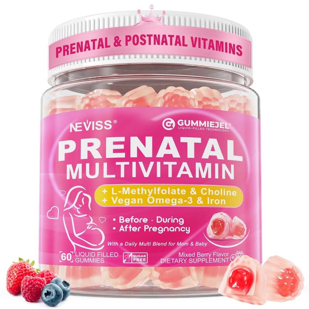 Vitamine prenatale pentru femei Gumiile multivitaminei w/ Methylfolat 1mg, Choline Omega-3(DHA+EPA) Fier de călcat, Vitamine postnatale pentru femei Alaptare 