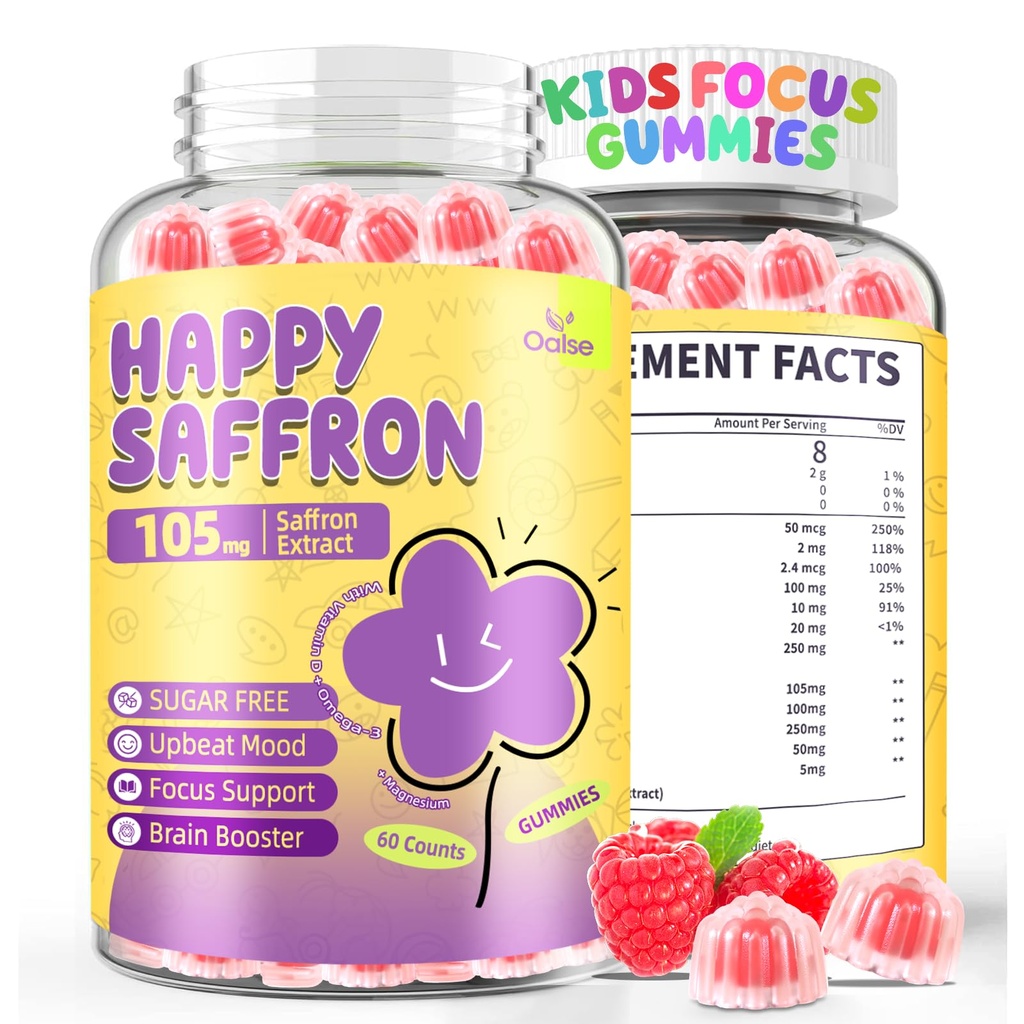 Saffron Gummies pentru copii: Focus Supliment pentru copii cu extract de saffron & Omega-3 Potasiu - Happy Mood - Vegan, Sugar-Free