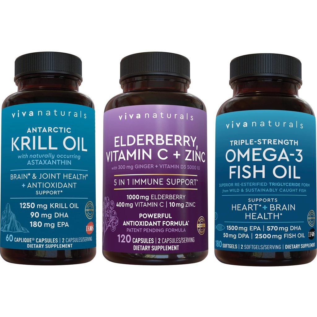 1250 mg ulei de krill din Antarctica, vitamina de elderberry C & Zinc și 2500 mg Omega 3 ulei de pește, Providing Omega 3 EPA și DHA, Elderberry pentru sprijin imun