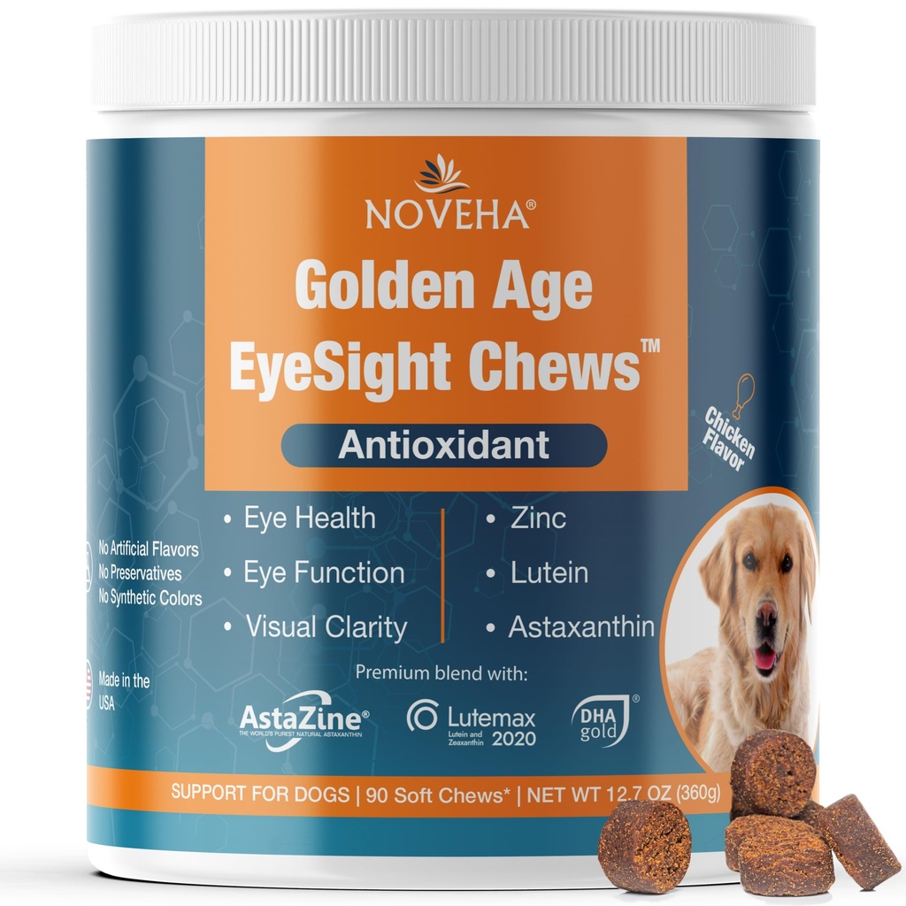 NOVEHA Ochi Supliment pentru câini (90 Chews)- Vision Support cu luteina + Vitamina C & Astaxantin Antioxidanti - Vitamine de câine pentru ochi + ulei de pește pentru Omega 3 EPA - Made in USA