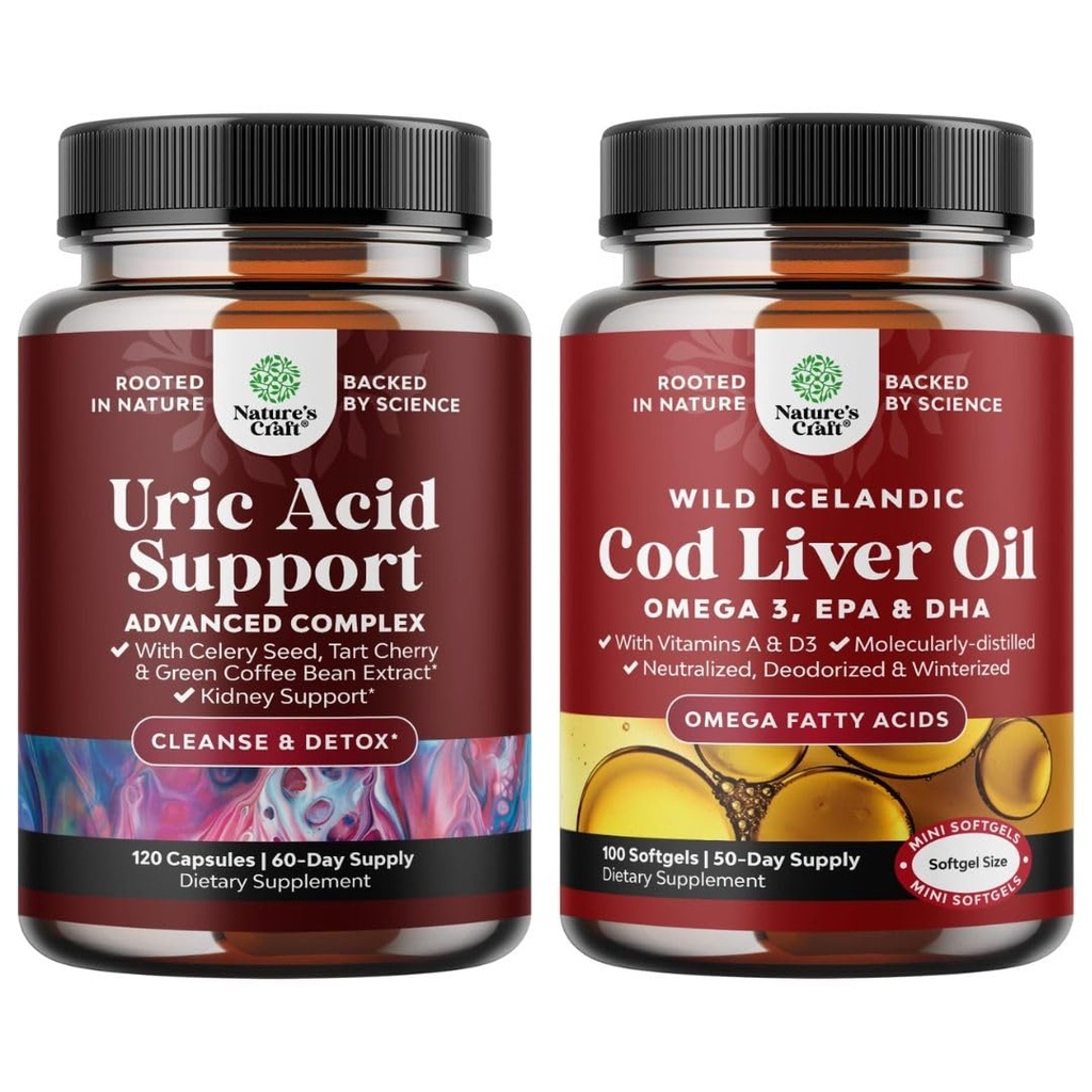 Bundle of Green Coffee Bean Extract for Uric Acid Cleanse - Turmeric Tart Cherry & Telina Seed and Islandez Wild Caught Cod Oil Softgels - Fish Omega 3 EPA DHA Vitamina D & A 1000mg Per Serving