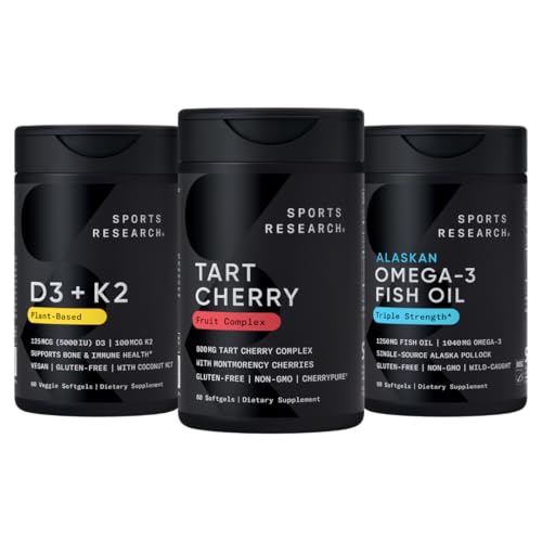 Sports Research® Multivitamine Pack w/CherryPure® Tart Cherry Fruit Complex 800mg, Vitamina D3 5000iu + K2 100mcg, și Alaskan Omega-3 Ulei de pește 1250mg - Non-GMO · Zahăr-Free · Gluten-Free