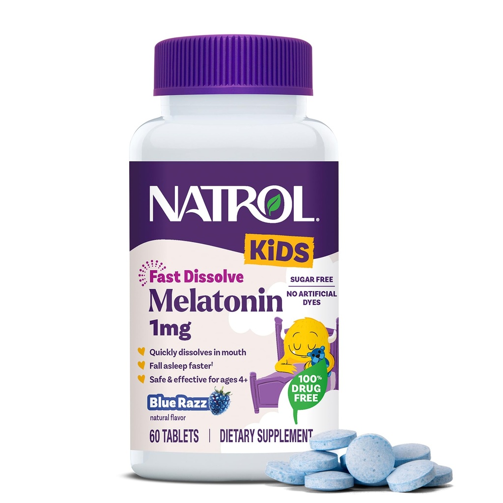 Natrol Kids rapid dizolva Melatonina 1 mg, Supliment alimentar pentru somn odihnitor, Tablete de somn pentru copii, 60 de comprimate de melatonină fără zahăr albastru-Razz-Flavorate, 60 de zile de aprovizionare