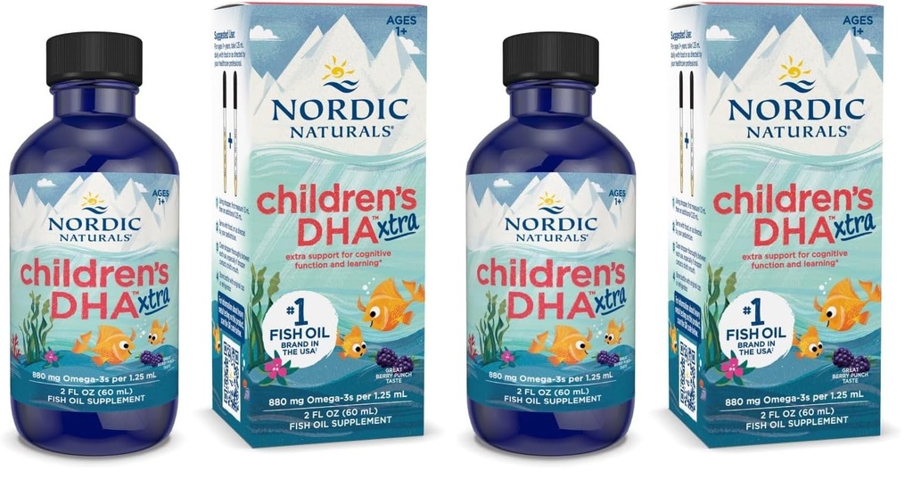 Nordic Naturals Childrens DHA Xtra, Berry Punch - 2 oz pentru copii - 880 mg Total Omega-3s cu EPA & DHA - Cognitive & Imunity Function, Learning, Social Development - Non-GMO - 48 Servings (Pachet de 2)