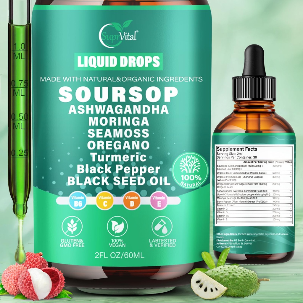 12-in-1 Soursop Bitters Picături lichide 2000mg, Soursop picături cu Ashwagandha, Black Seed Oil, Moringa, A se vedea Moss pentru antioxidant natural, Cell Support & Regenerare, Immune Boost, bogat în vitamina D&C