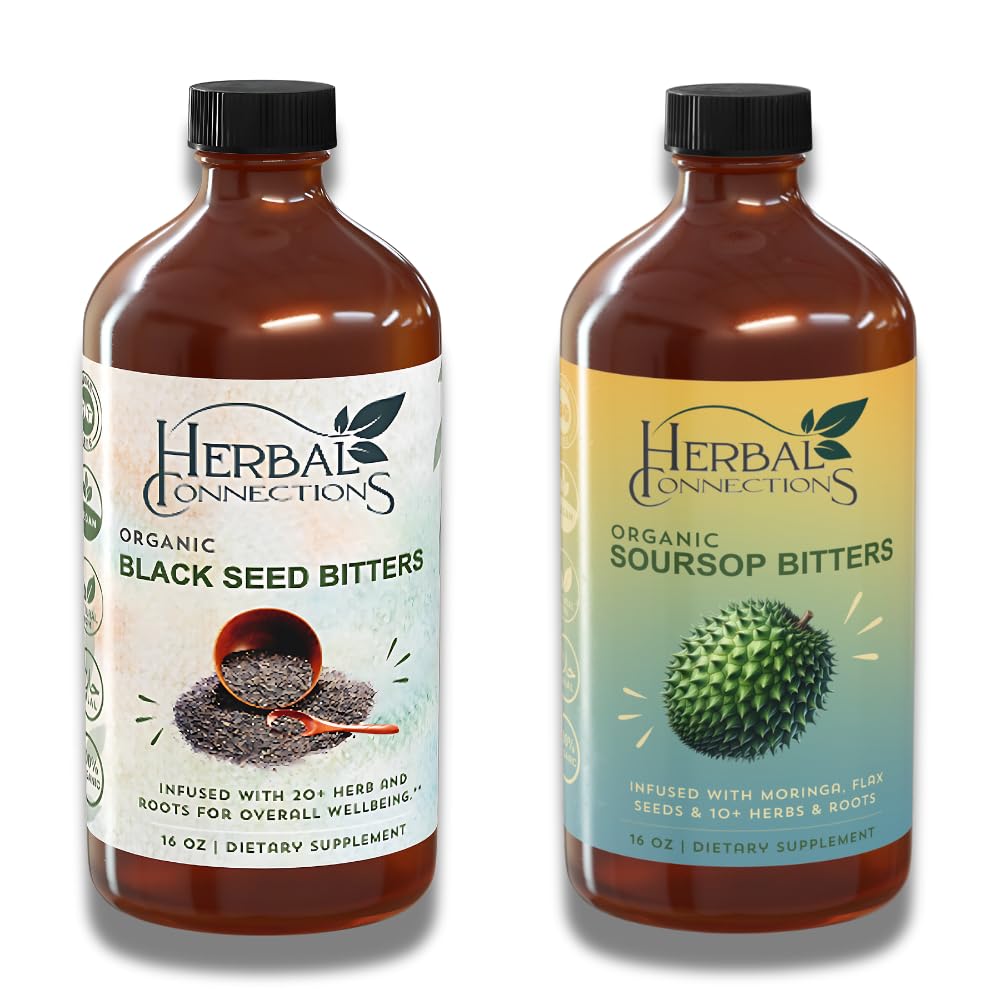 Conexiuni plante organice Soursop & Black Seed Bitters Bundle - Ingrediente naturale de plante-Based pentru Detoxifiere Gentle & Digestive Health Două sticle, 32 Ounces (16 Ounces fiecare), 64 Serviri