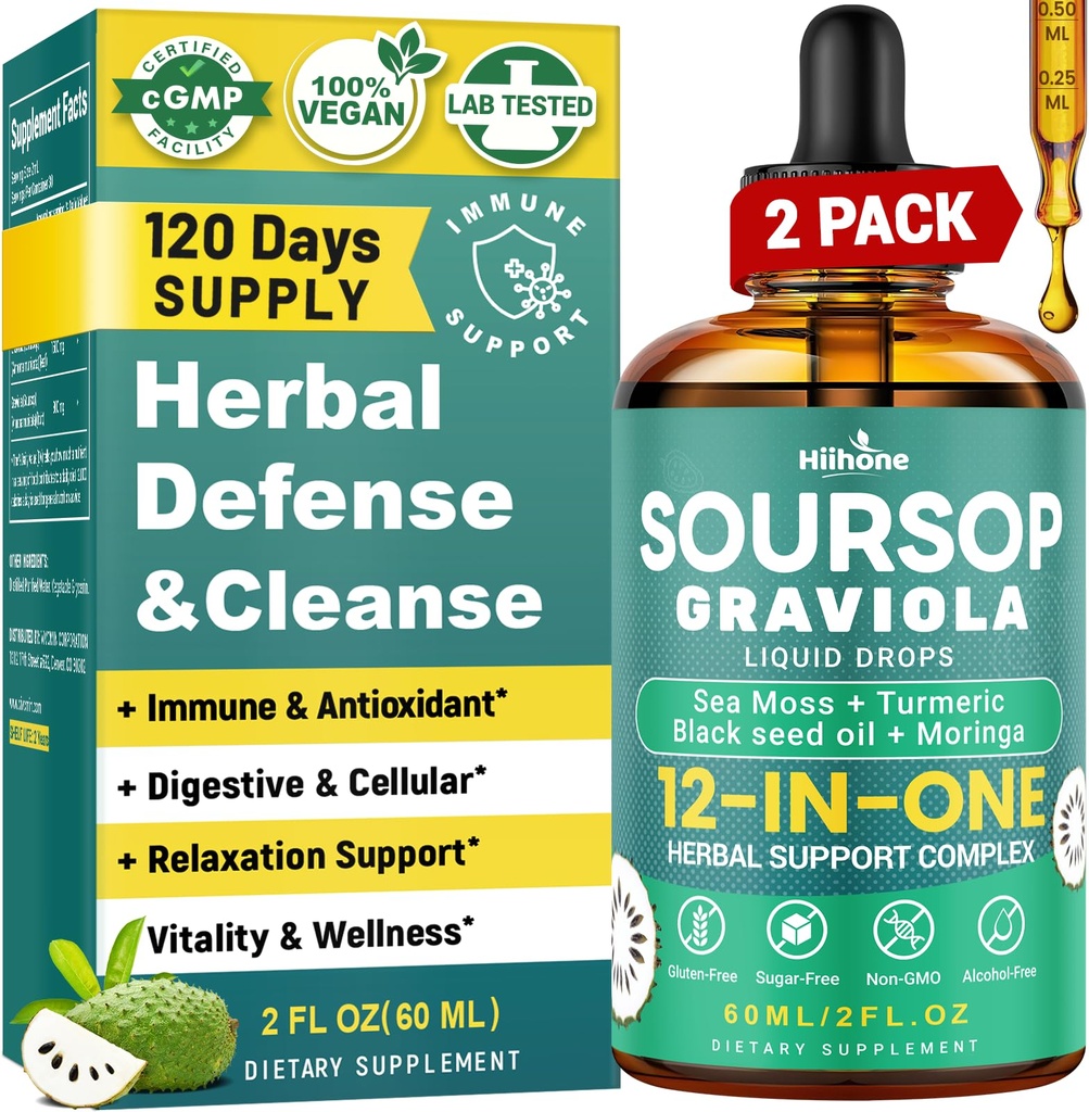 HIIHONE (2 Pack) 12-in-1 Soursop Bitters Picături lichide cu Sea Moss, Black Seed Oil, Moringa pentru Suport Cell & Regenerare, Imunitate, Ficat, Gut & Antioxidant - 2 Fl Oz