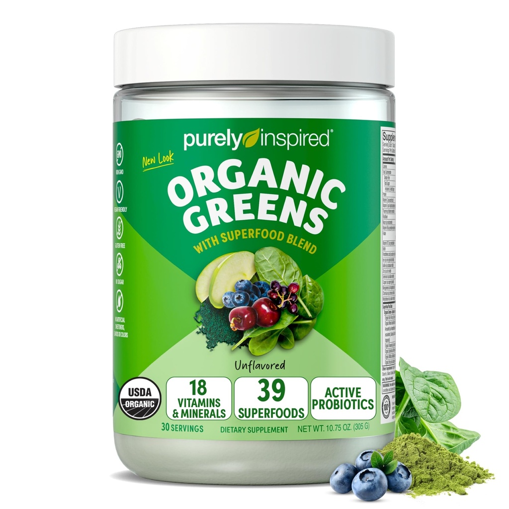 Pur Inspirat Ecologic Greens Powder Superfood Smoothie Mix, Nearomated (30 Servings) - Super Greens cu Probiotice, Spirulina & Chlorella pentru Gut & Digestive Health - Vegan