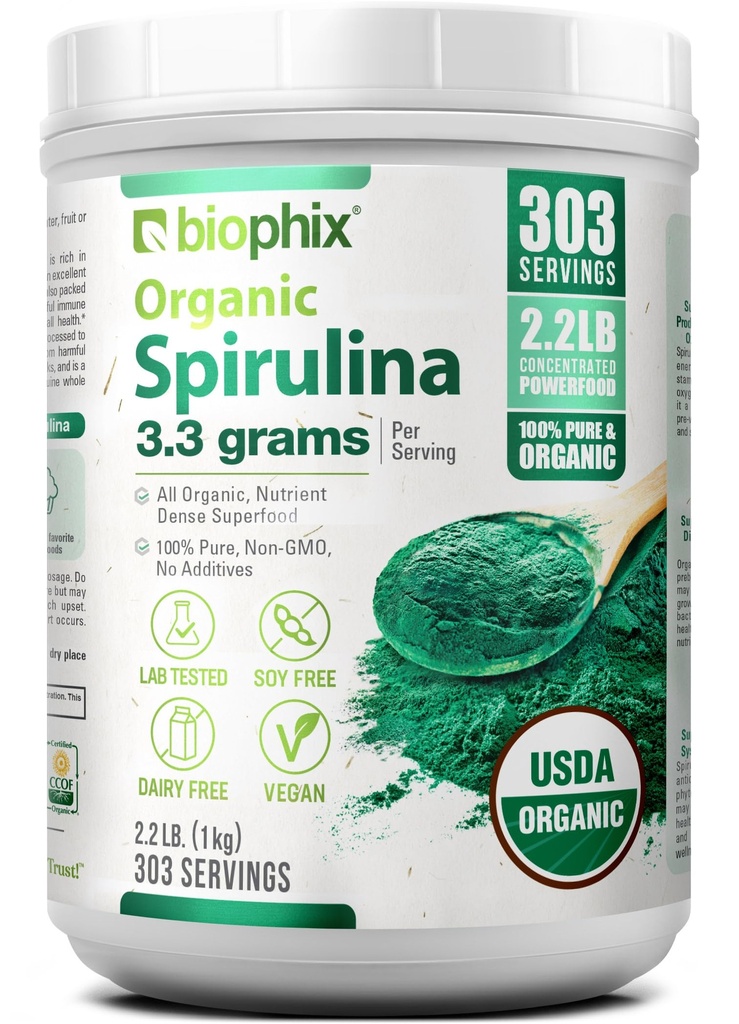 biofix organic Spirulina pulbere, 2.2 Lbs 100% Spirulina pur albastru verde Algae pulbere, Vegan, Non OMG, non-iradiate, USDA Certified, Cele mai bune proteine Superfood
