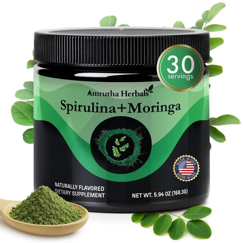 Spirulina organică + Moringa Greens Powder, Gluten-Free, Vegan Friendly, Detox & Digest, Superfoods 30 Servings Made in USA