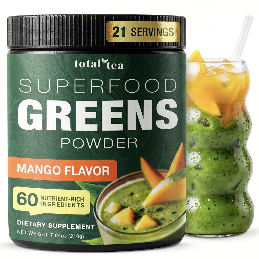 Ceai Super Verzi Supliment pulbere, Verzi, Fructe, Legume, Vegan Bea cu Spirulina, Chlorella si vitamine 25 Serviri - Mango