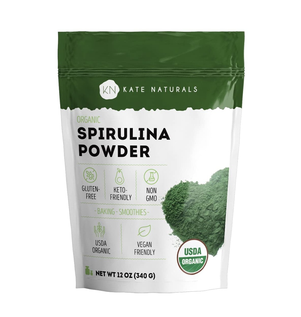 Kate Naturals Organic Spirulina Powder. Nutrient Dense Superfood Supliment (12 oz, USDA Certified, Non-GMO, Gluten- Gratuit)