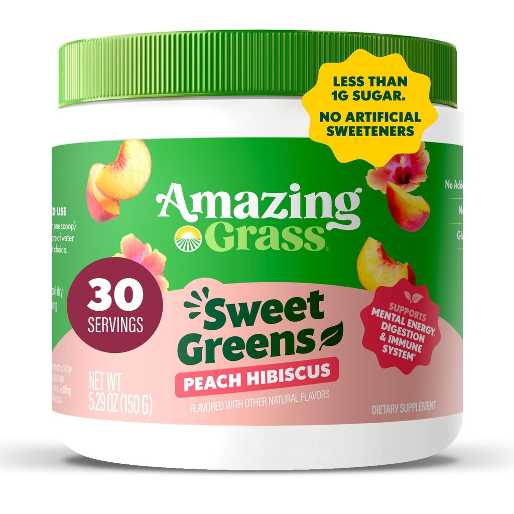 Uimitoare verdeață dulce Iarbă și Superfoods Pulbere pentru Sănătate Digestivă, Verdes Powder, Enzime Digestive, Probiotice, Spirulina, Chlorella, Peach Hibiscus, 30 Serviri