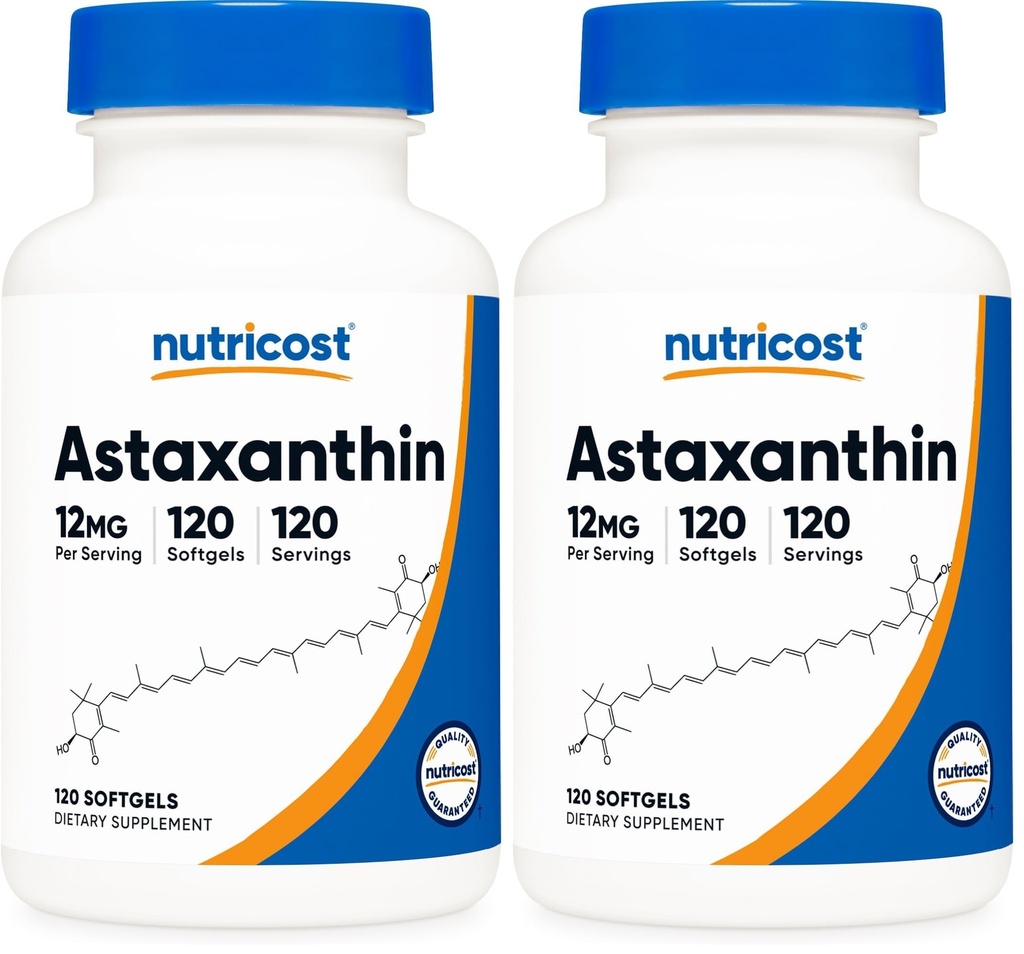 Nutricost Astaxantină 12mg, non-GMO și gluten gratuit, 120 Softgels (4 lună de aprovizionare) (pachet de 2)