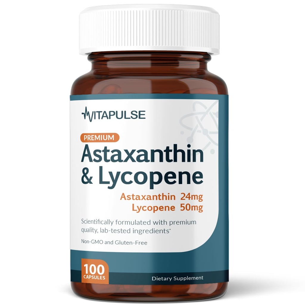 Astaxantină 24mg cu Licopen 50mg Supliment, 100 capsule vegetariene, non-GMO, gluten gratuit