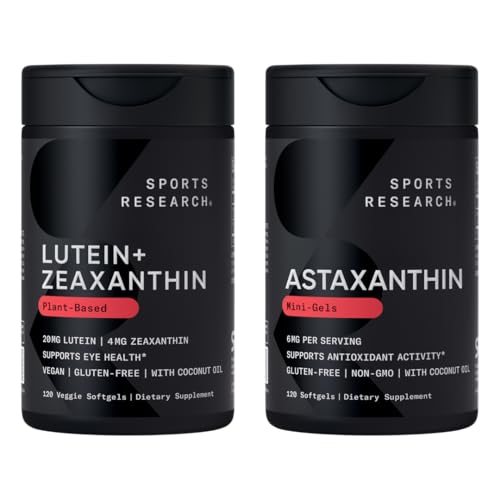 Sports Research® Eye Support - 20mg Lutein + 4mg Zeaxanthin Made with Lute-Gen® and 6mg Astaxanthin Supplement from Islandan Astalif (120 Softgels Each)
