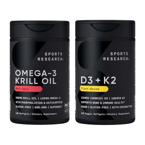 Sports Research® Multivitamine Pack - Omega-3 Krill Oil 500mg w/Choline, Fosfolipide și vitamina K2 și Vegan D3 5000iu cu ulei de nucă de cocos MCT - Non-GMO · Gluten Free
