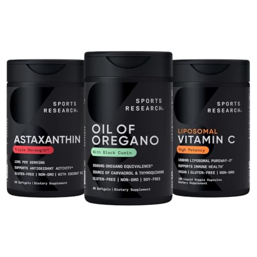 Sports Research® Antioxidant Pack - Ulei de Oregano 9500 mg + Triple Force Astaxanthin 12 mg + Liposomal Vitamin C Supliment 1000 mg