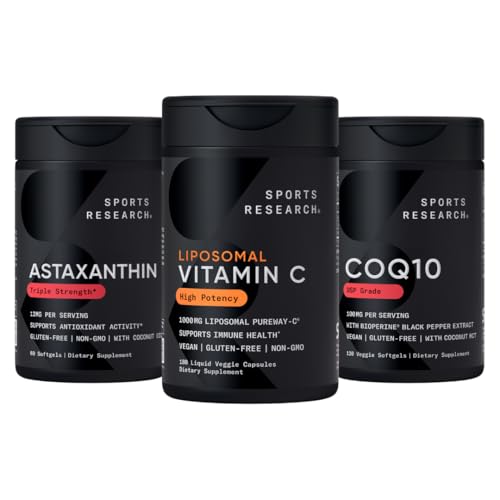 Sports Research® Antioxidant Pachet de suport - supliment de vitamina C lipozomal de mare potenta 1000mg + Coenzima Q10 100mg + Rezistenta tripla Astaxantină 12mg g/Organic Ulei de cocos