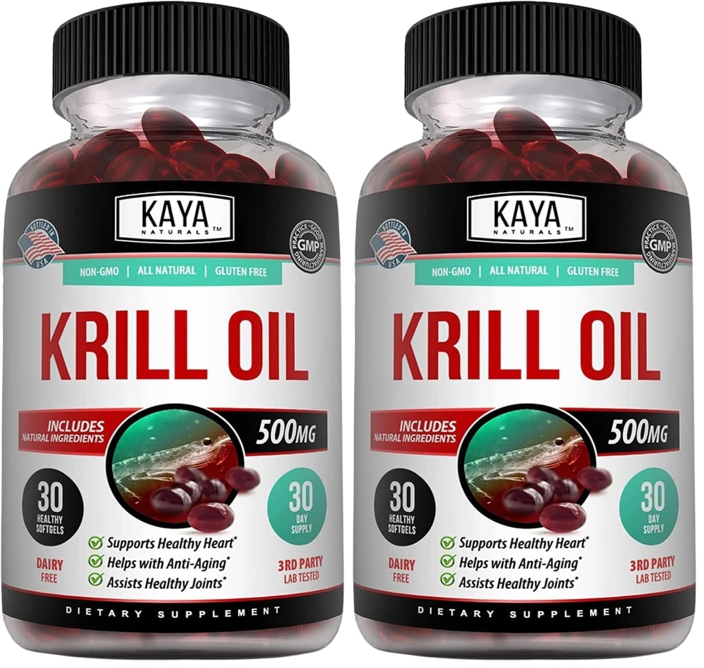 Kaya Naturals - Antarctica Krill Oil 500mg cu Omega 3, EPA, DHA, Fosfolipide & Astaxanthin Supliment - Brain & Health Vitamina - Anti imbatranire Supliment - 30 Conte Softgels (Pachet de 2)